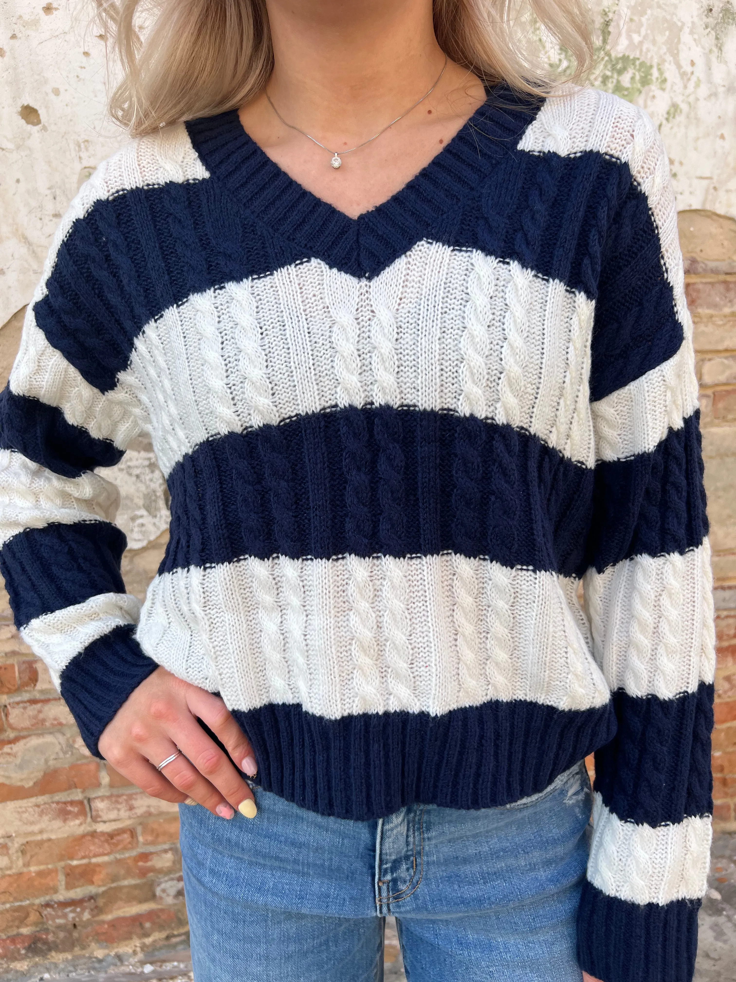 Sydney Stripe V Neck Cable Knit Pullover Sweater