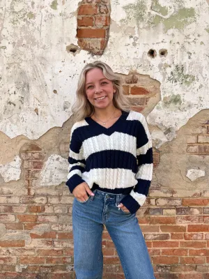 Sydney Stripe V Neck Cable Knit Pullover Sweater