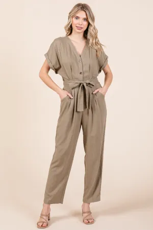Tie Waist Short Sleeve V neck Linen Jumpsuit