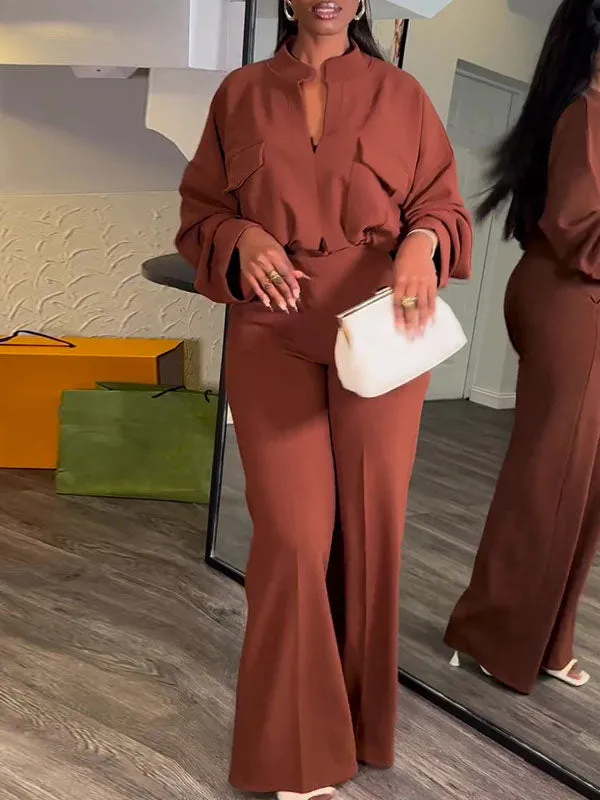 V Neck Solid Wide Leg Pants Set
