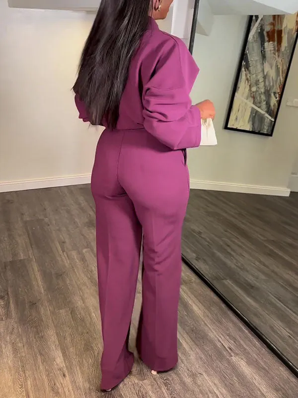 V Neck Solid Wide Leg Pants Set