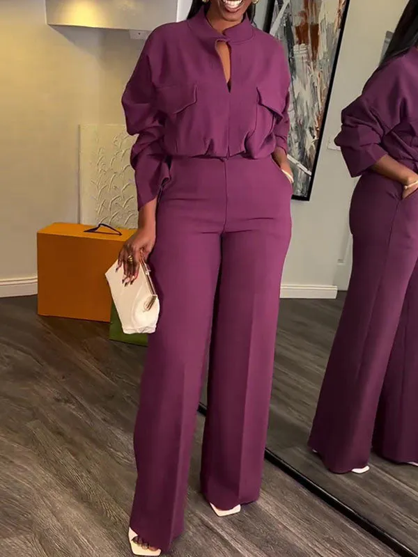 V Neck Solid Wide Leg Pants Set