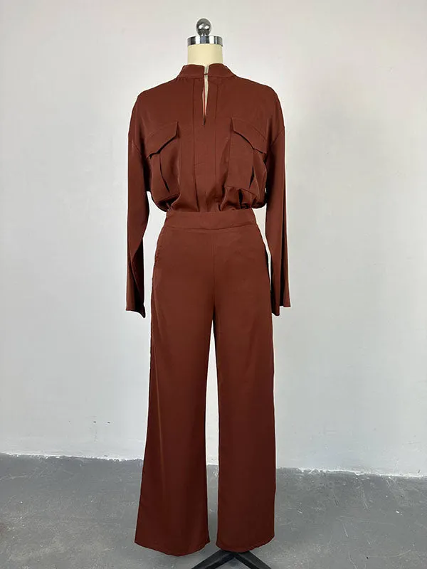 V Neck Solid Wide Leg Pants Set