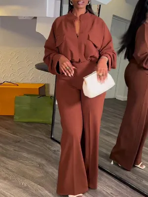 V Neck Solid Wide Leg Pants Set