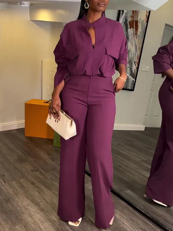 V Neck Solid Wide Leg Pants Set
