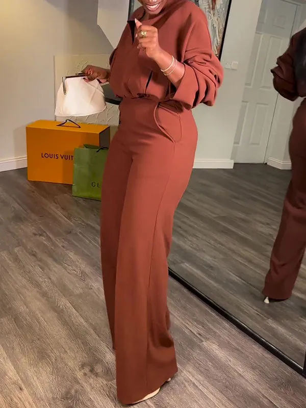V Neck Solid Wide Leg Pants Set