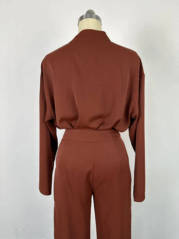 V Neck Solid Wide Leg Pants Set