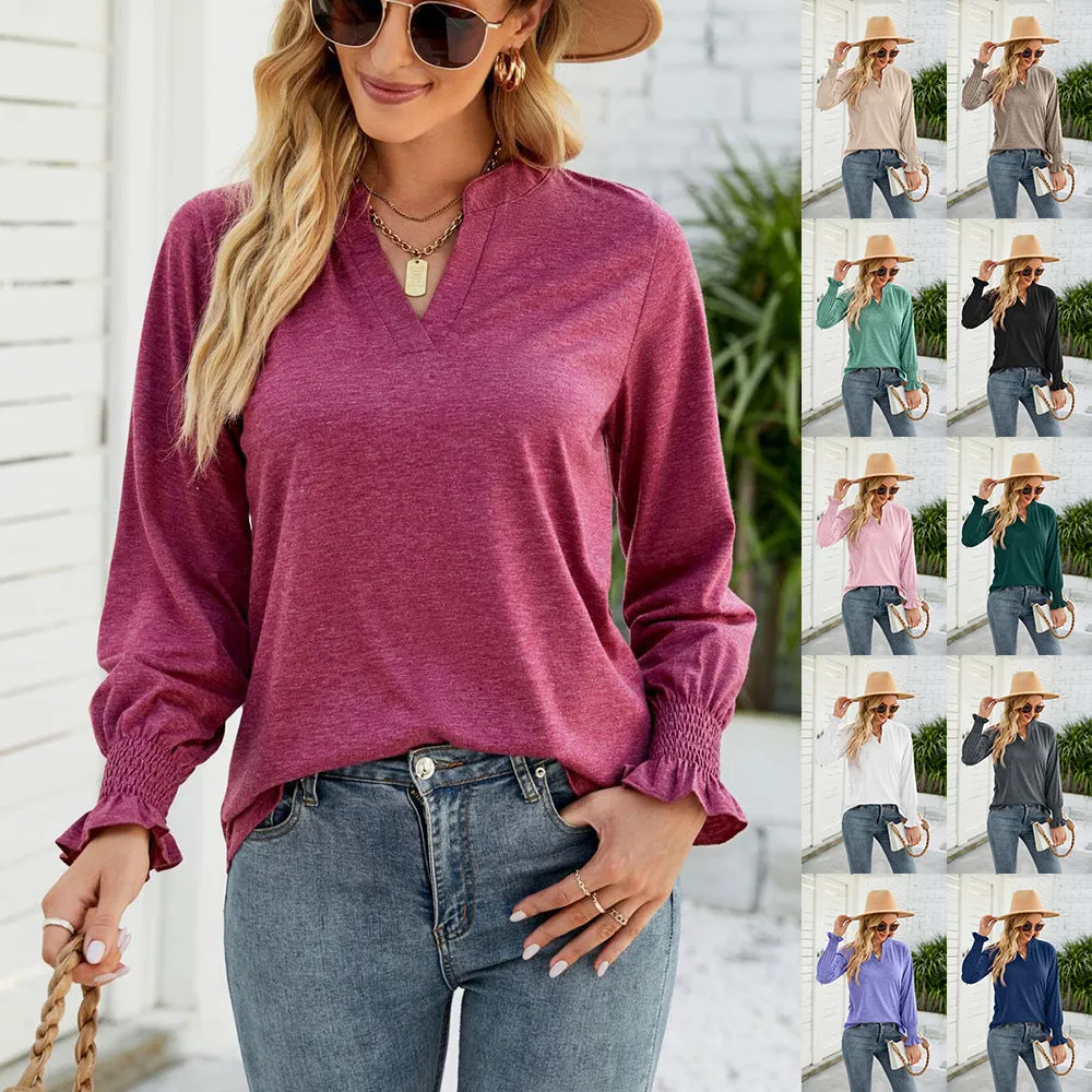 Women's Pullover Top Autumn Casual V-neck Solid Color Ruffle Sleeve Loose T-shirt