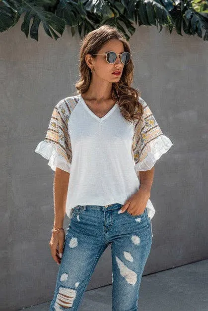 Women's V-Neck Ruffle Short Sleeve Boho Top