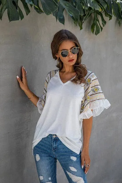 Women's V-Neck Ruffle Short Sleeve Boho Top