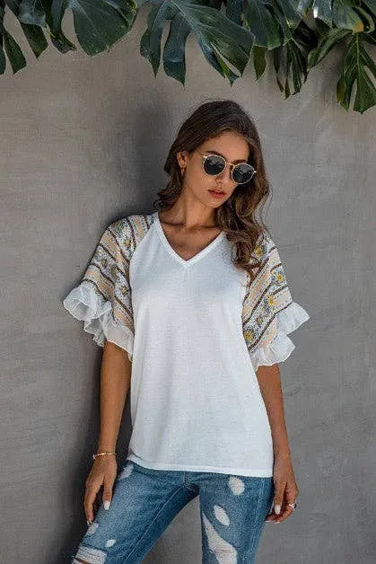 Women's V-Neck Ruffle Short Sleeve Boho Top