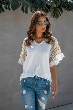 Women's V-Neck Ruffle Short Sleeve Boho Top