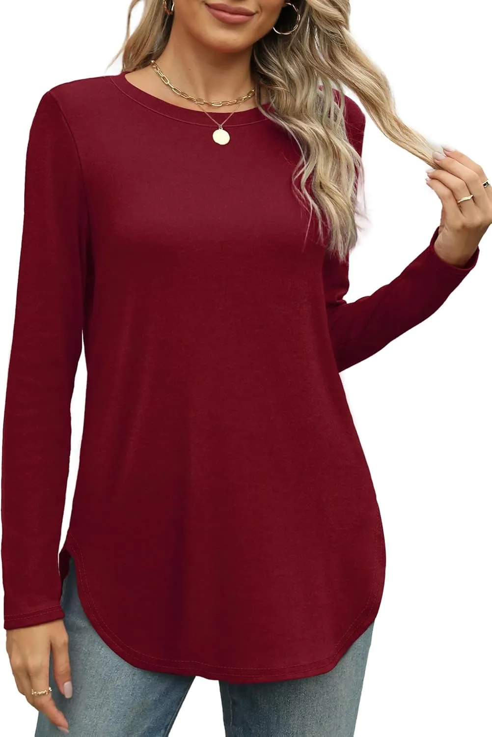 XIEERDUO Womens Long Sleeve Round Neck Shirts Side Split Basic Loose Tunic Tops Casual 2025