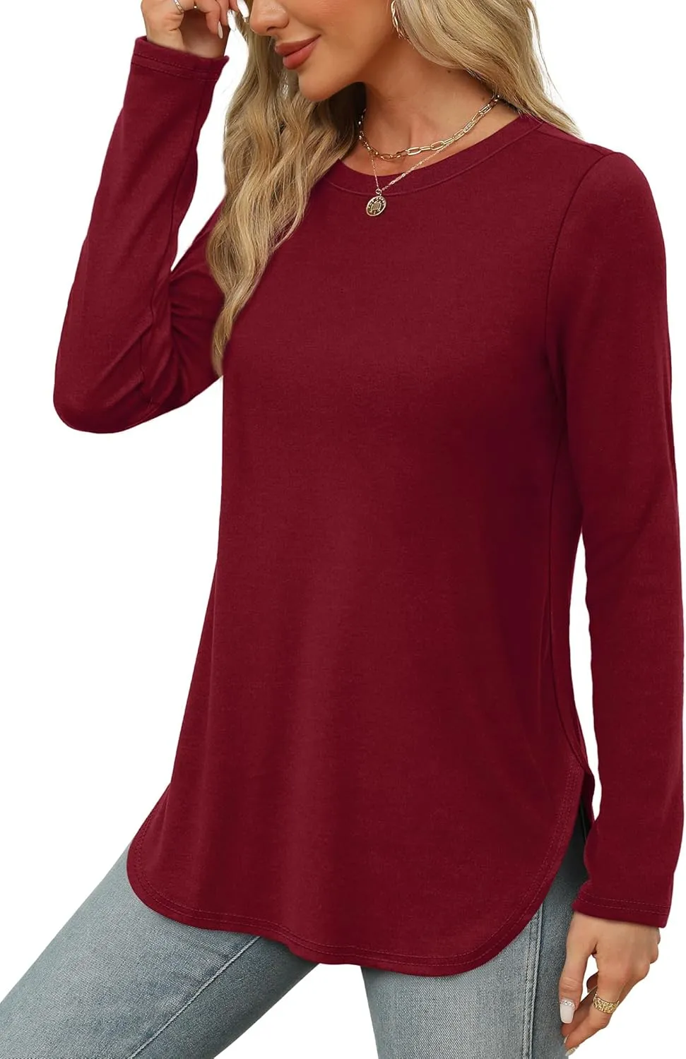 XIEERDUO Womens Long Sleeve Round Neck Shirts Side Split Basic Loose Tunic Tops Casual 2025